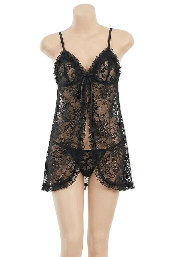 Babydoll Diva Nero in pizzo floreale elasticizzato con apertura frontale e perizoma