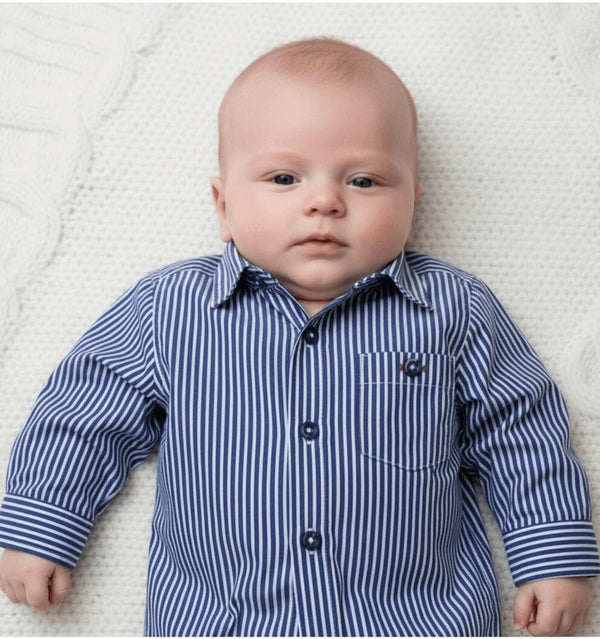Camicia Neonato Melby a Righe Blu in Puro Cotone