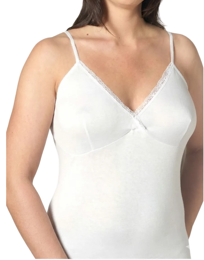 Canottiera donna bianca spalla stretta con forma seno in 100% cotone pettinato con scollo in pizzo macramè 
