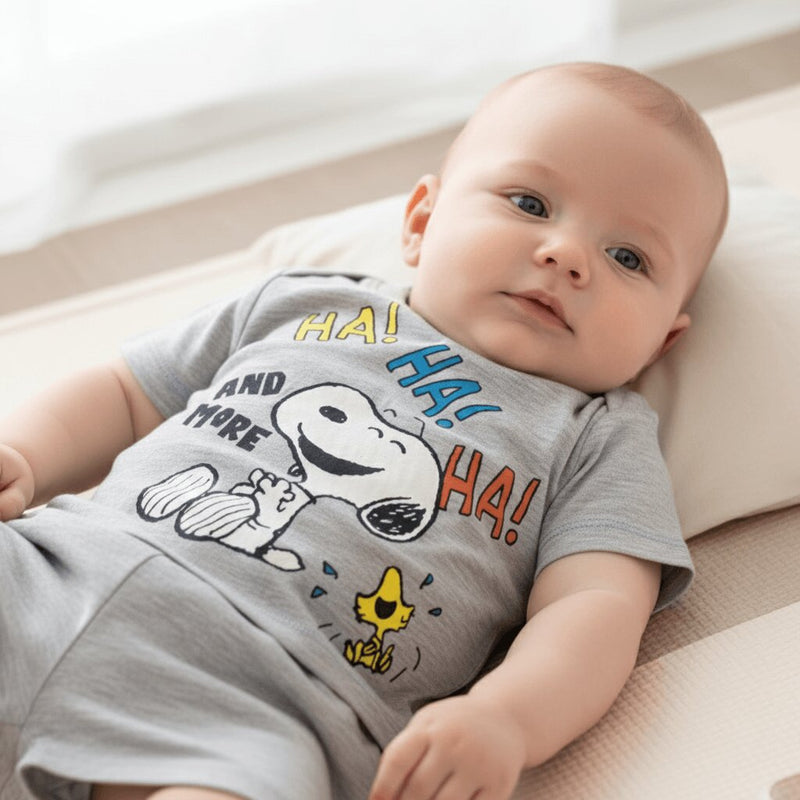 Completo Neonato Snoopy 100% Cotone Grigio con Stampa Divertente