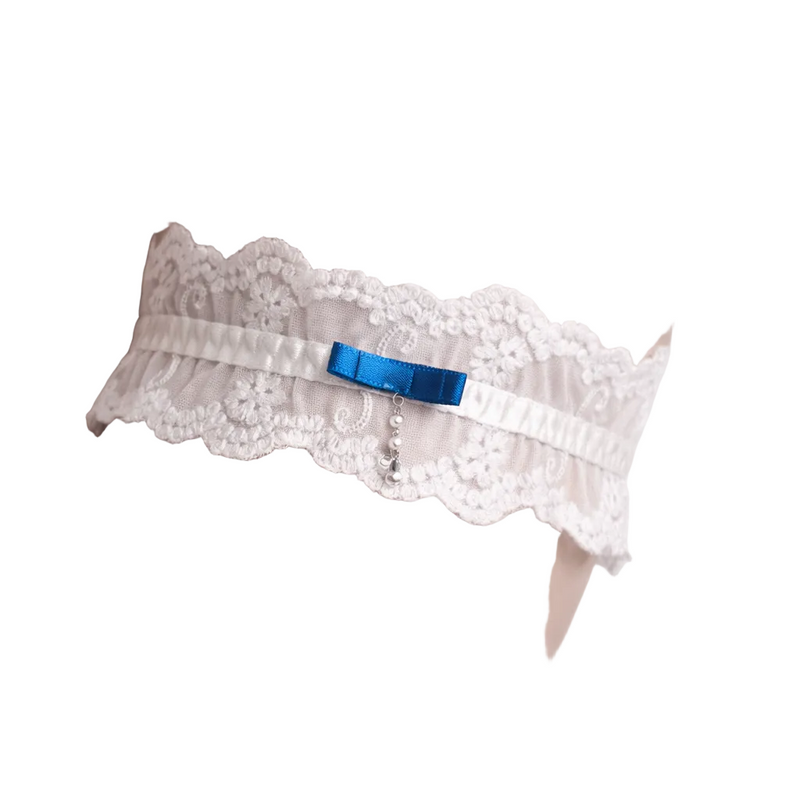Giarrettiera sposa Love and Bra serie Evento in tulle ricamato con fiocco blu