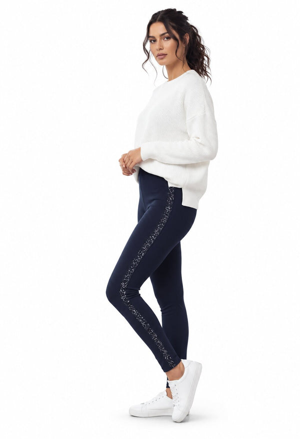 Leggings Donna Moda Jadea 4541 in Cotone Elasticizzato con Profilo Laterale Brillantini