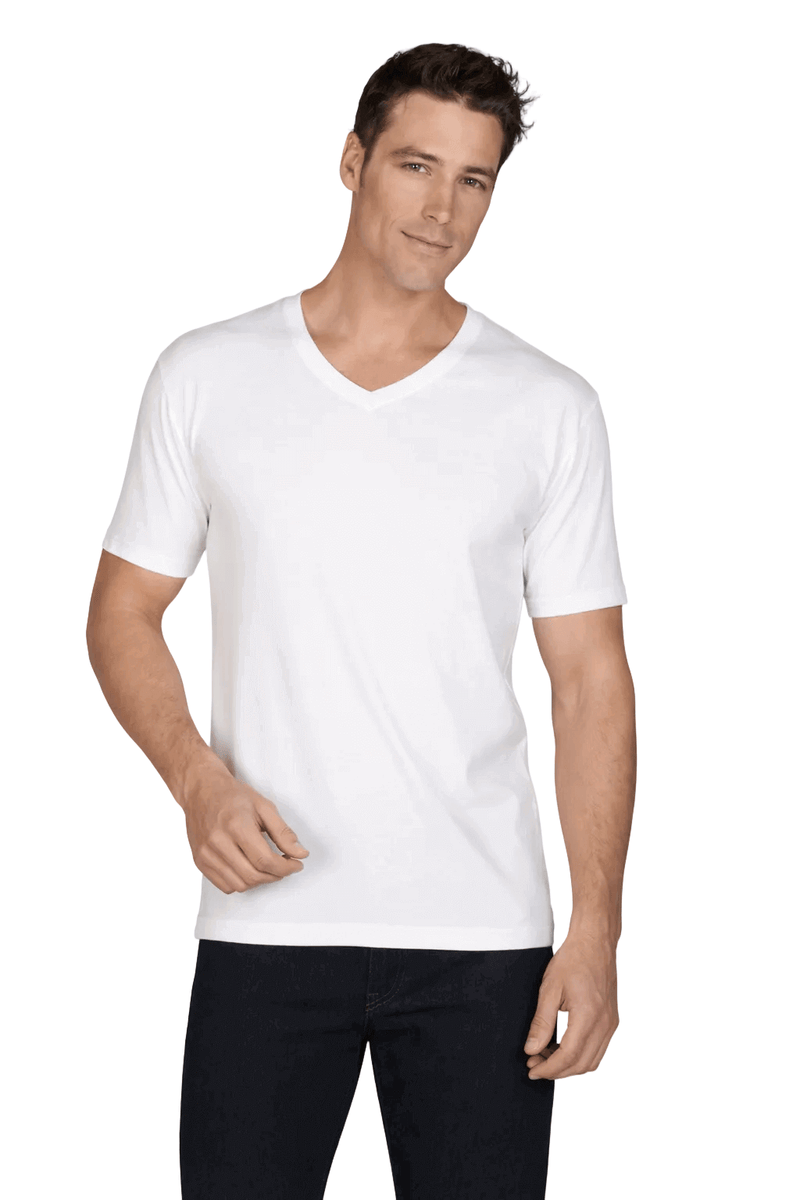 Maglia uomo bianca manica corta con scollo a V in lana-cotone