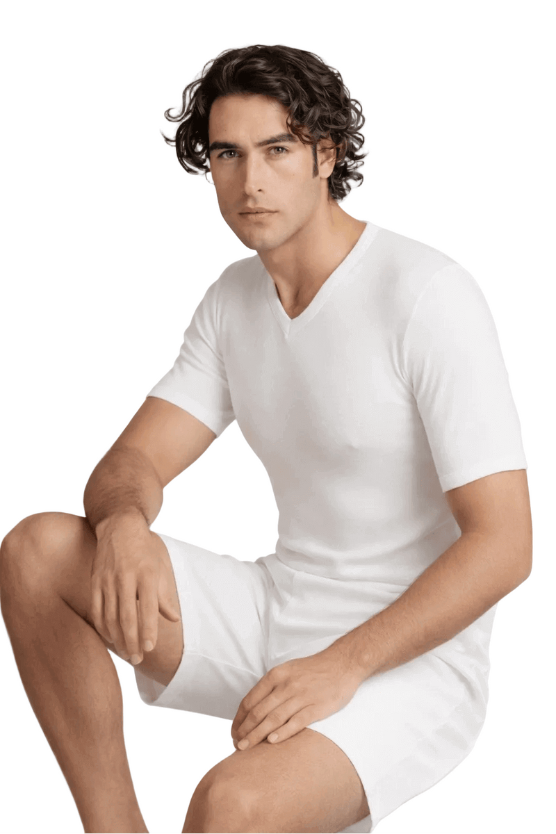 Maglia uomo bianca mezza manica con scollo a V in cotone felpato Ciesseti 
