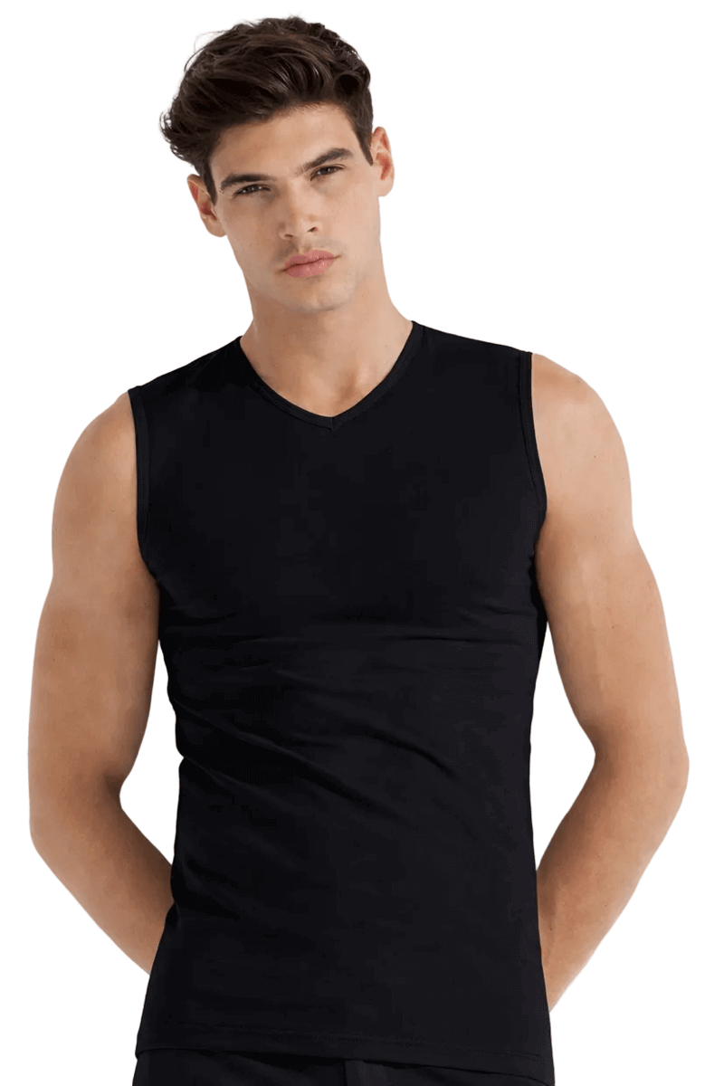 Maglia uomo nera smanicata con scollo a V in cotone elasticizzato