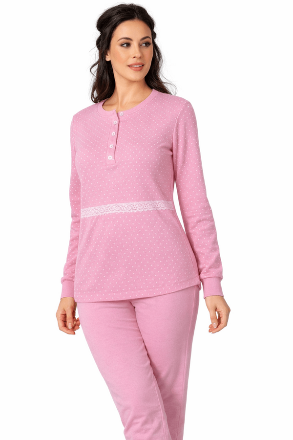 Pigiama Donna Basile 677 in Cotone Pesante Interlock con Inserti in Pizzo Rosa