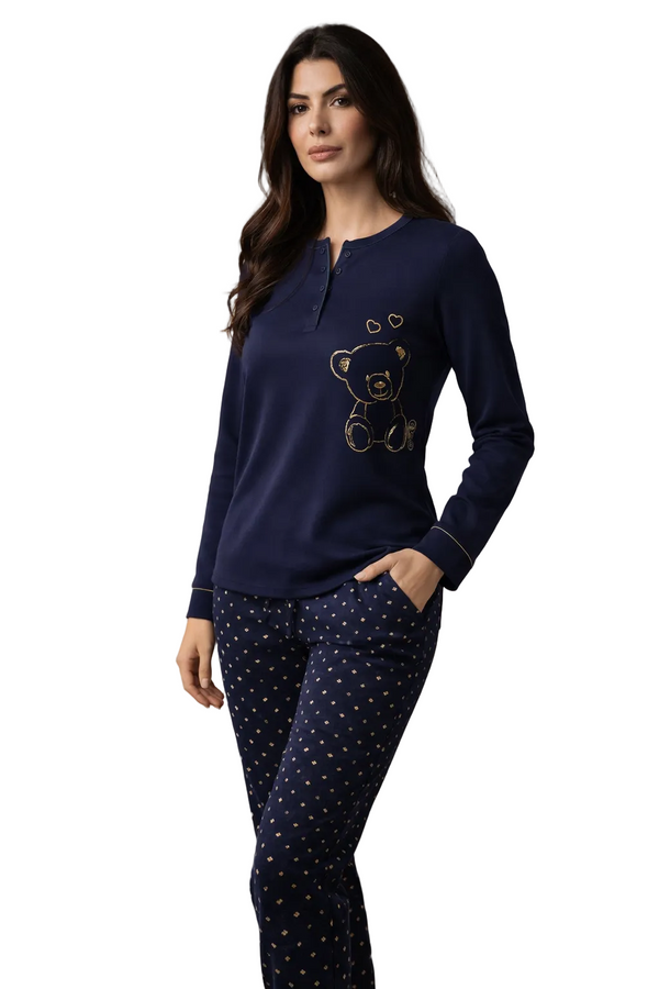 Pigiama Donna Blu Oronero 1148 in Caldo Cotone Interlock con Stampa Orsetto