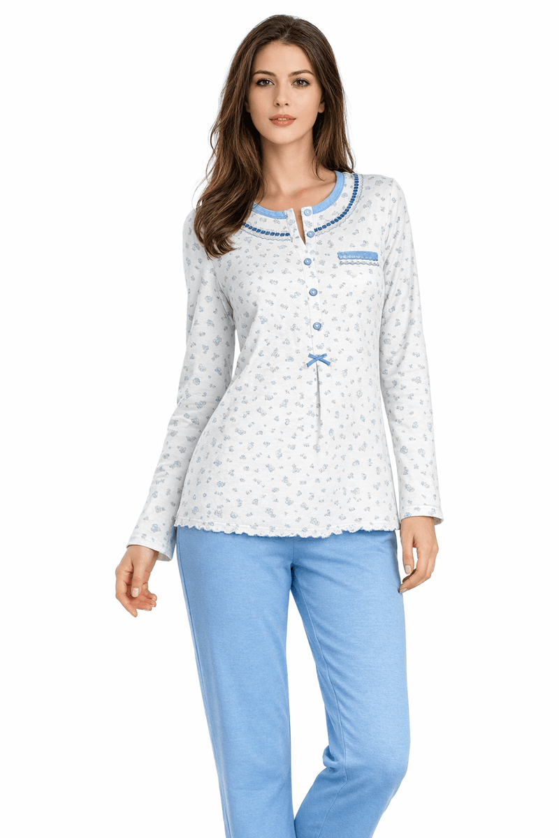 Pigiama Donna azzurro e panna Calibrato in Caldo Cotone Interlock