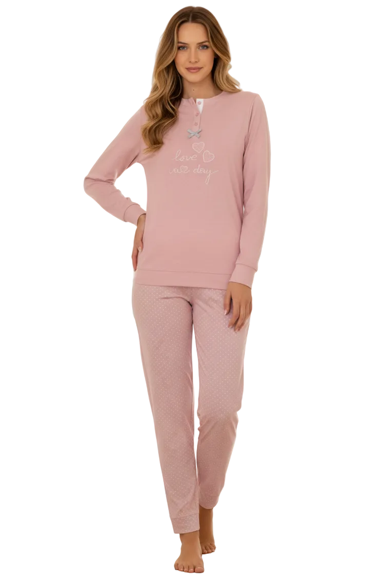 Pigiama Donna Rosa Irge 2321 | Cotone Jersey con Maglia Serafino e Pantalone Fantasia