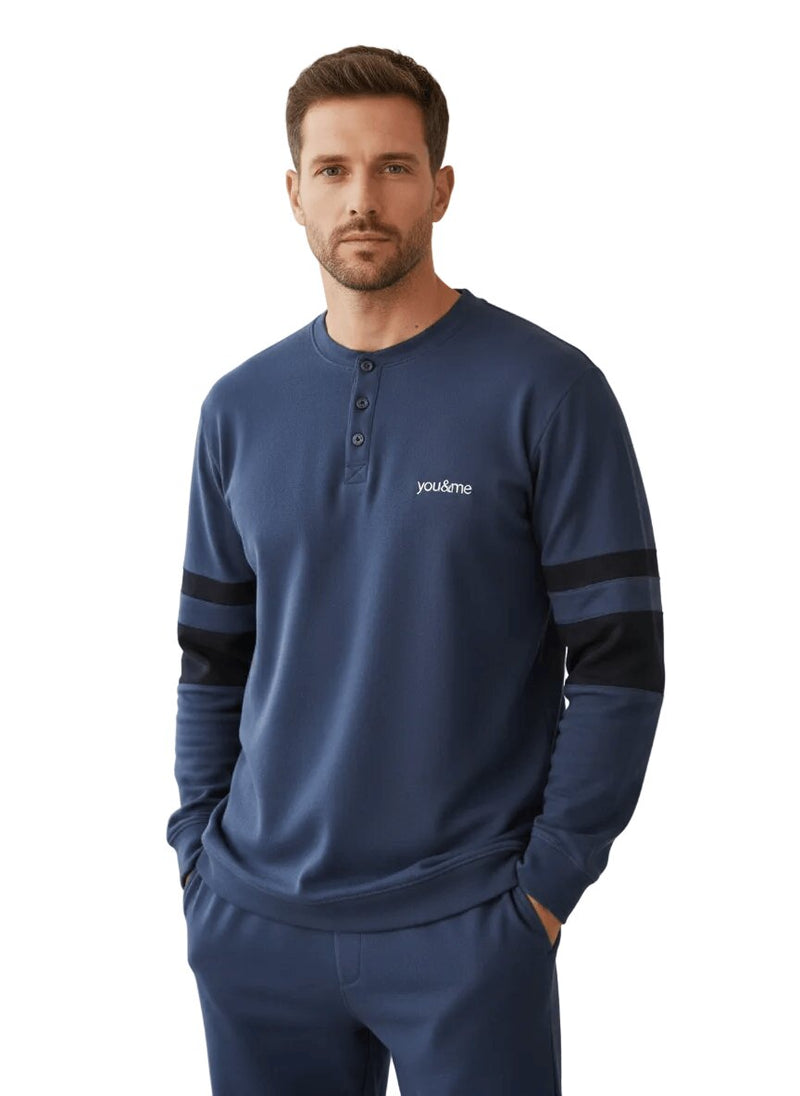 Pigiama Uomo Blu You & Me 598 in Caldo Pile con Collo Serafino