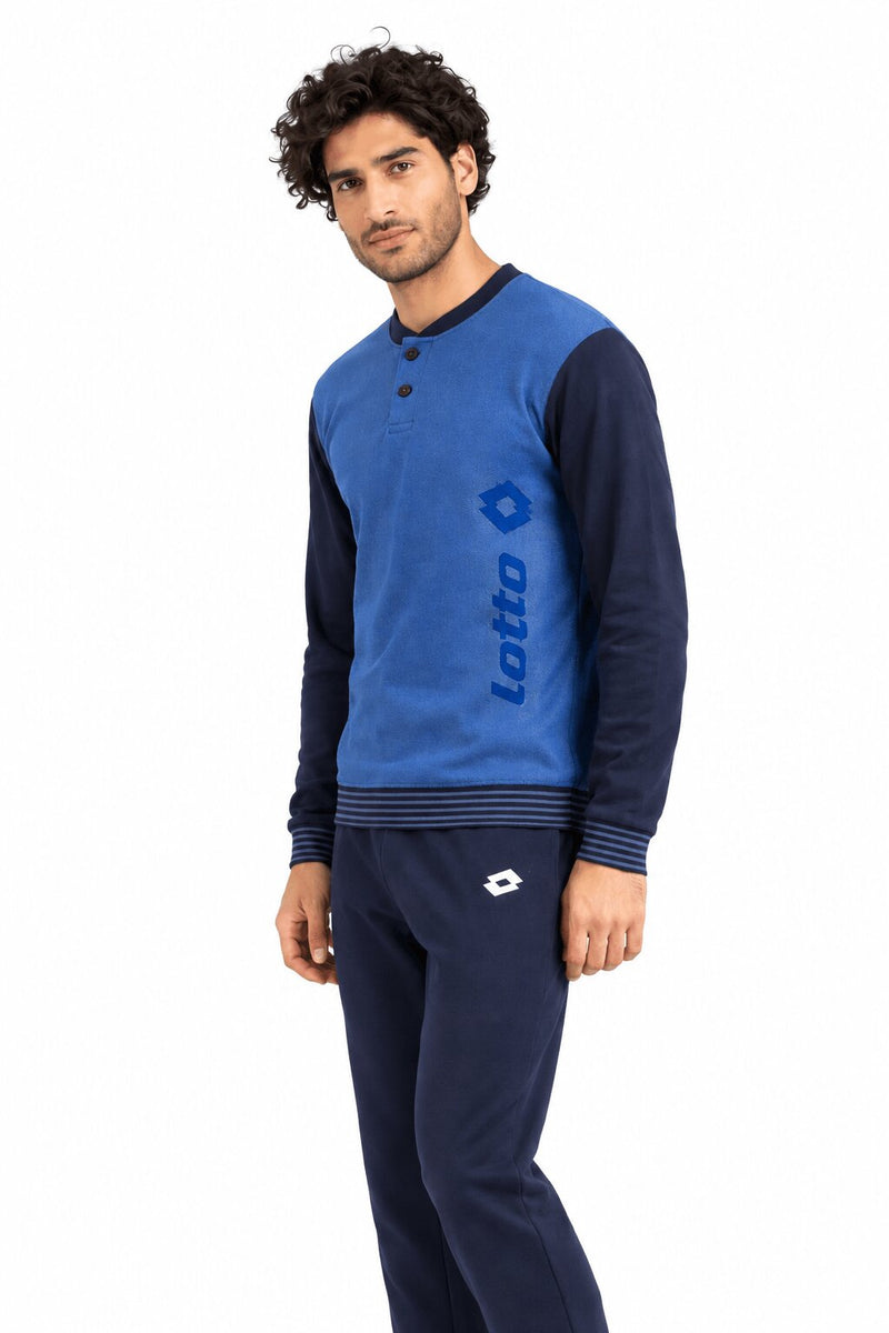Pigiama Uomo Lotto 2075 Blu in Cotone Caldo Interlock con Apertura a Serafino