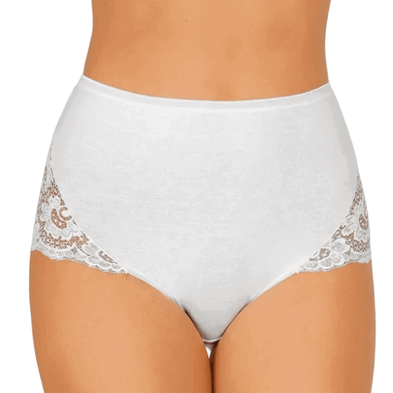 Slip donna bianco modello coulotte alta maxy in cotone elasticizzato con inserti in pizzo 