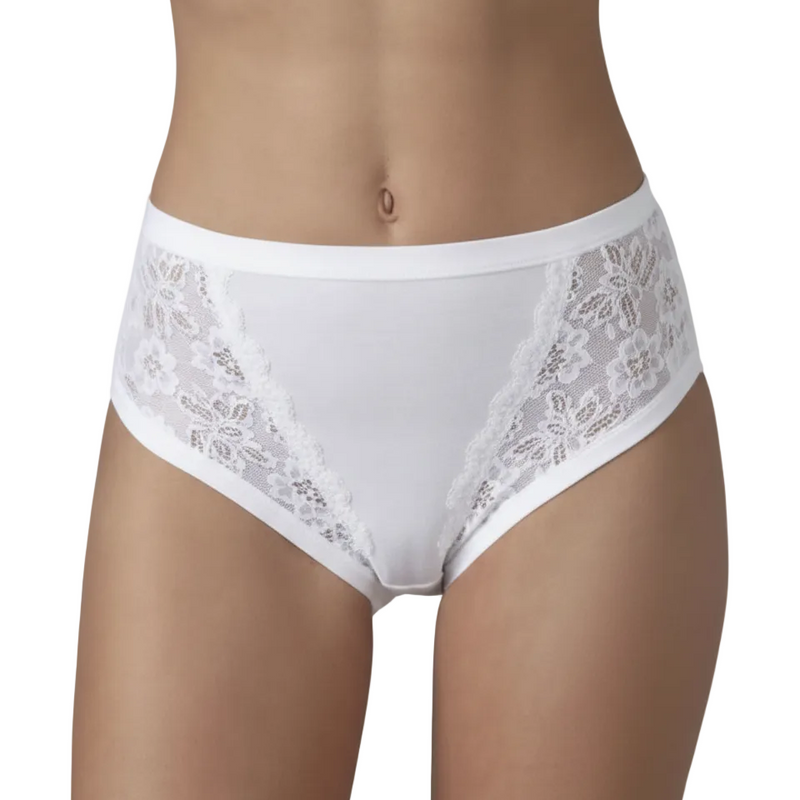 Slip intimo donna bianco modello culotte a vita alta in cotone modal elasticizzato con pizzo