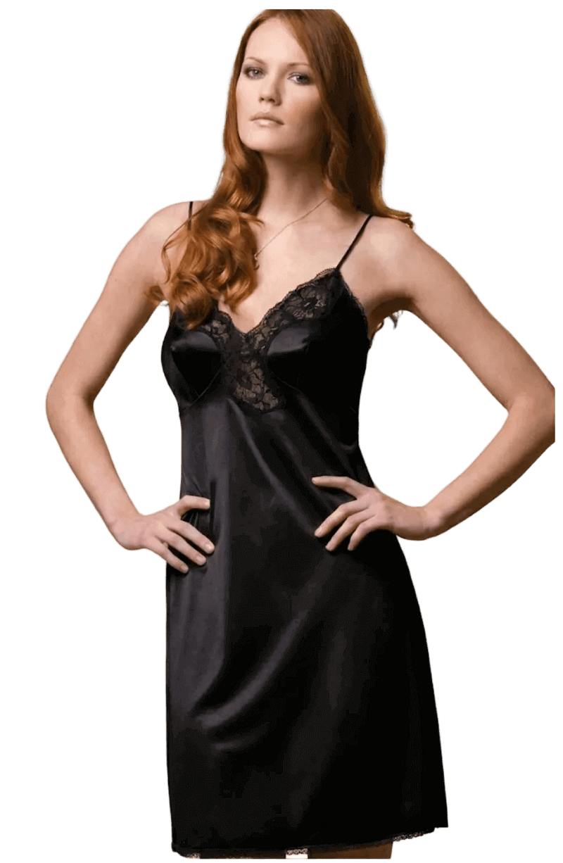 Sottoveste donna nera spalla stretta in tessuto antistatico con inserti in pizzo Andra Lingerie Art. 85