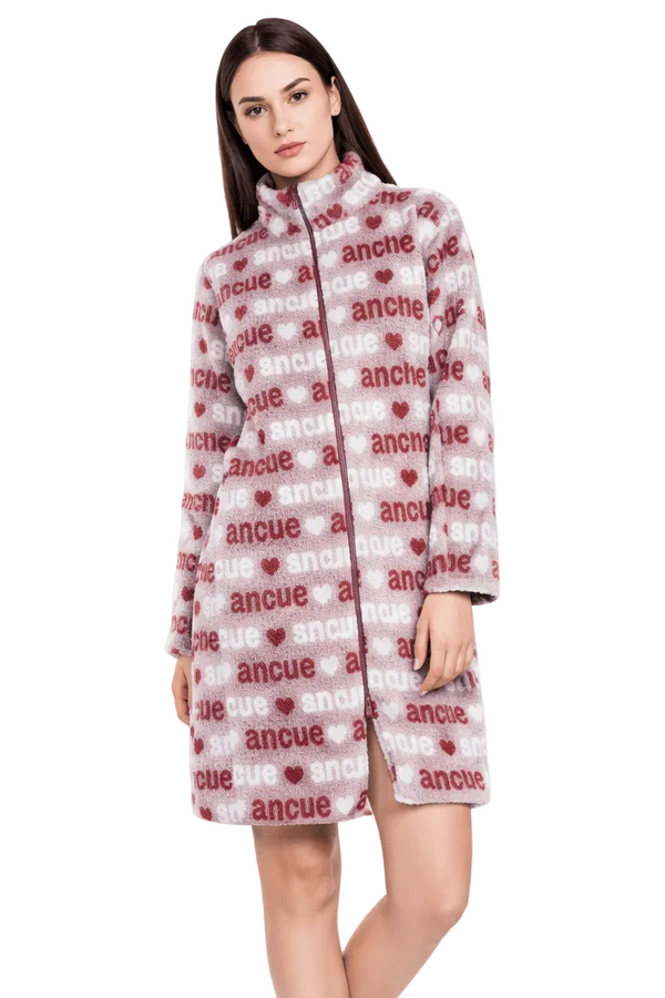 Vestaglia Donna Soffice grigia e rossa Aperta con Zip