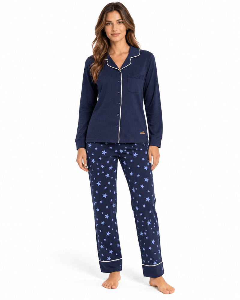 Pigiama Donna aperto You & Me 849 giacca blu pantalone a stelle