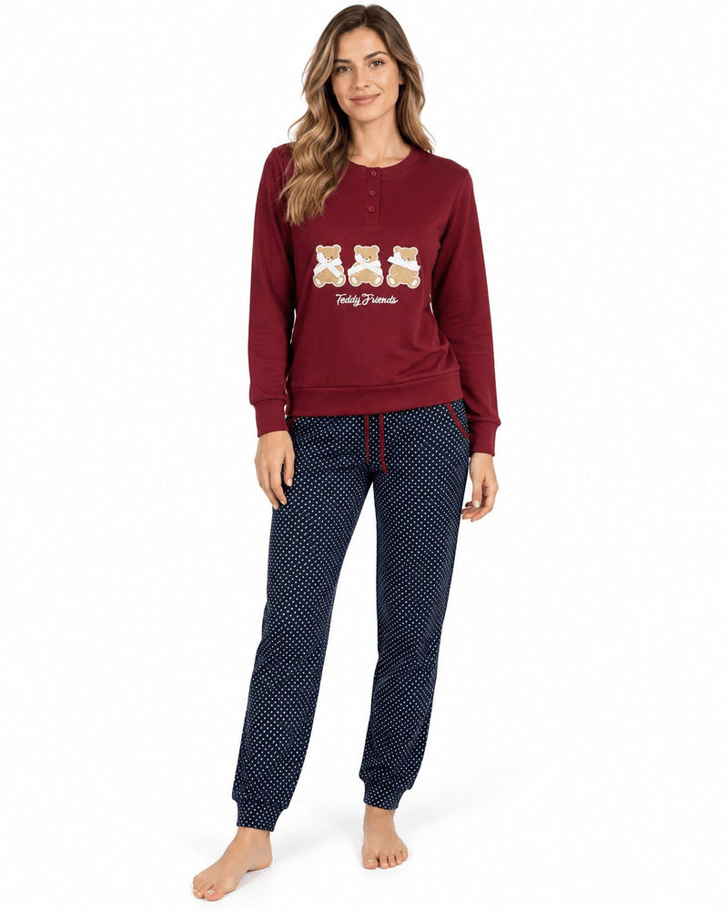 Pigiama Donna Teddy Friends You & Me 842 maglia bordeaux pantalone blu a pois