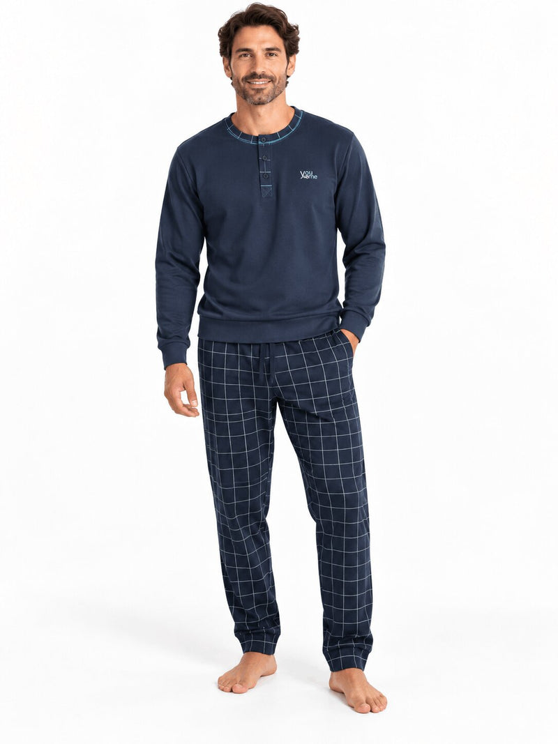 Pigiama Uomo You & Me 838 caldo cotone interlock pantalone a quadri blu